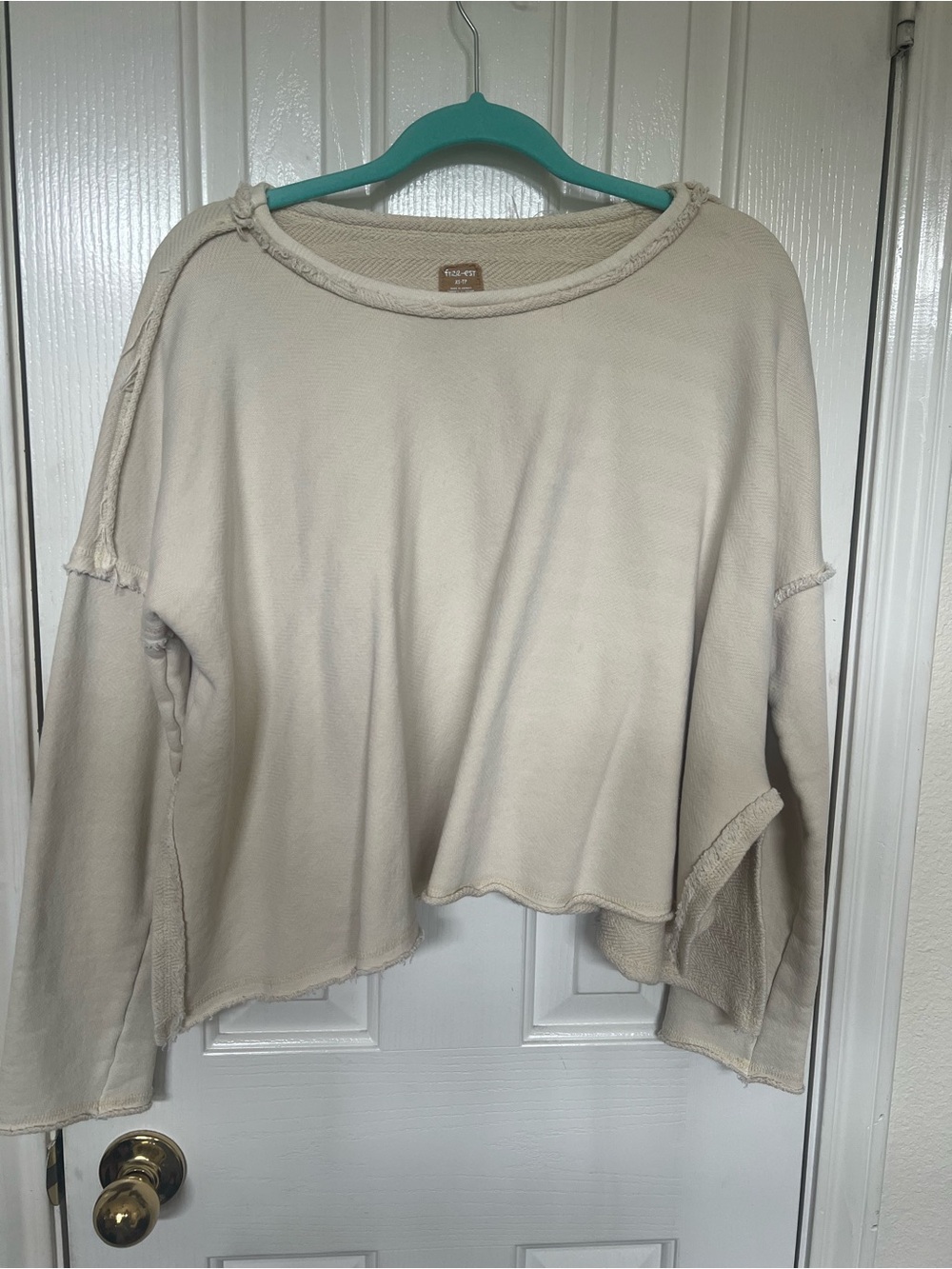 Relaxed Cream with Greenish Tint Women’s  Pullover Sweatshirt -Raw-Edge Style.